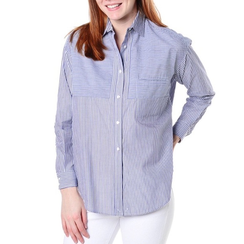 Vince poplin blue white striped button down NWT